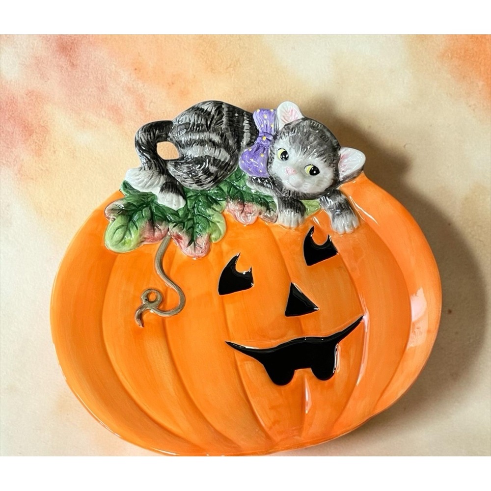 Fitz & Floyd Halloween Canape Plate Jack-O-Lantern Pumpkin Black Kitty Cat VTG